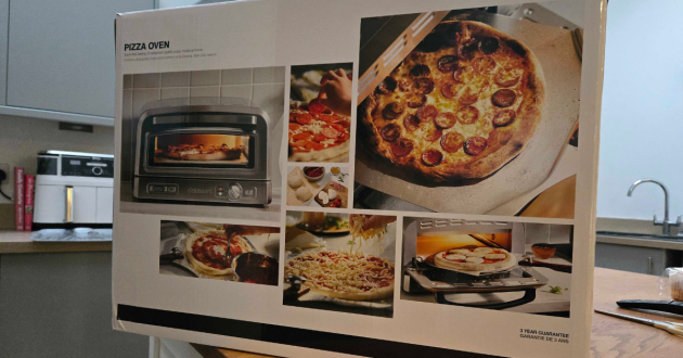 A close up of the box of the Cuisinart Pizza Oven packaging