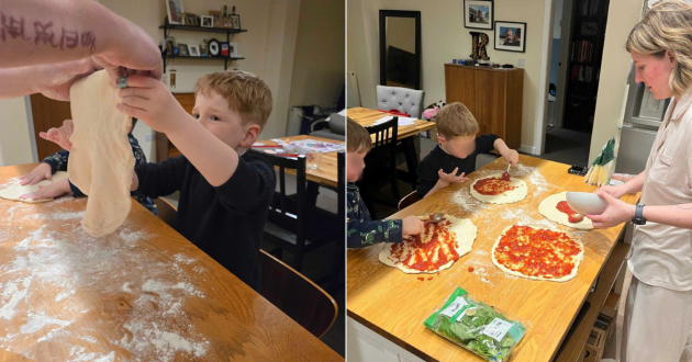 A family make their own homemade pizzas