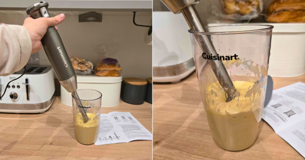 A close up of a hand making mayonnaise with the Cuisinart Power Blend Immersion Blender