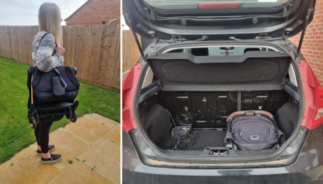 Cybex Coya folded up over shoulder and in car boot