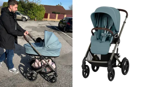 Man pushing Cybex Talos S Lux travel system