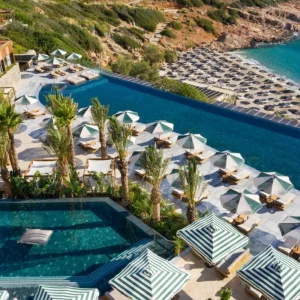 Aerial view of Daios Cove hotel in Crete