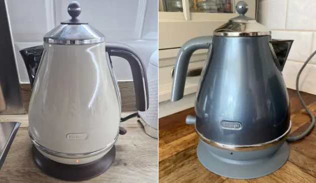 De'Longhi Icona Metallics kettle in beige and grey colour options on kitchen worktops