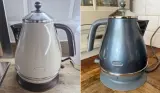 De'Longhi Icona Metallics kettle in beige and grey colour options on kitchen worktops