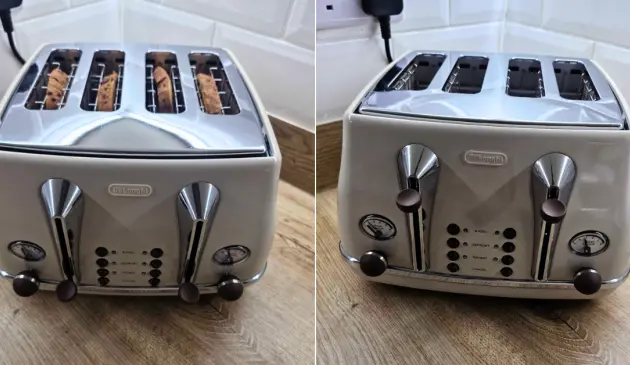 A top view of the De'Longhi Icona Metallics toaster with and without bread showing it toasting