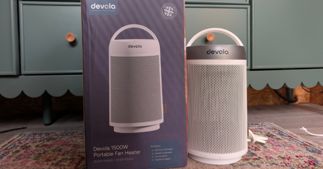 Devola portable fan heater next to the box