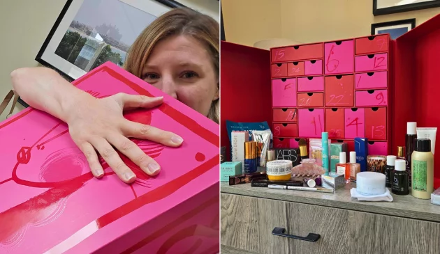 A side by side image of the Harvey Nichols beauty Advent calendar being held by Mumsnet editor Beccy