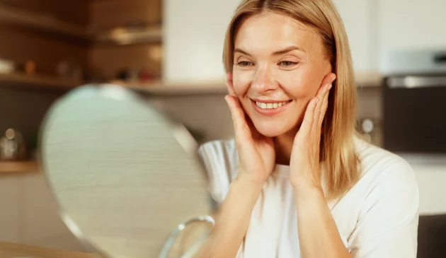 A woman smiles into the camera touching her face