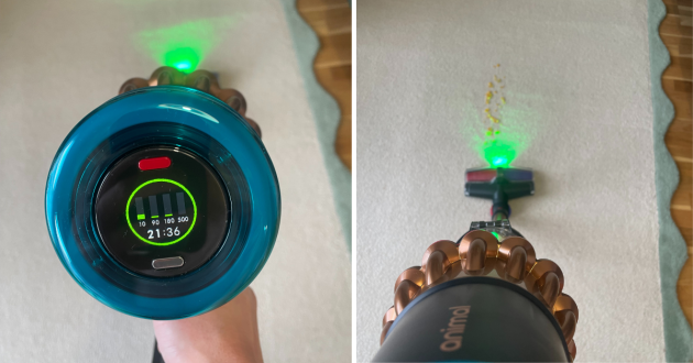 Dyson V16 Vacuum Cleaner display screen and in use