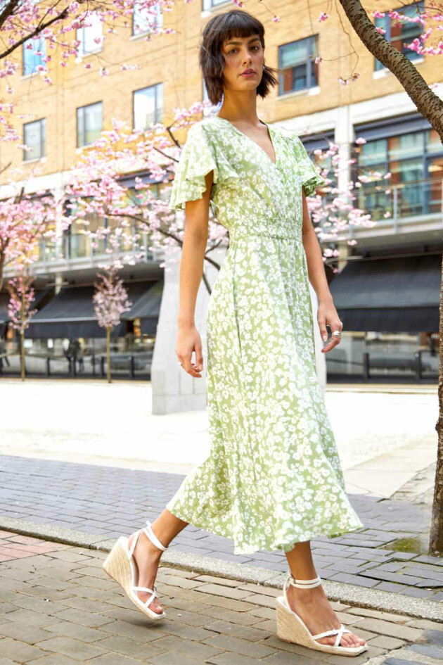 Roman Green Floral Print Shirred Waist Midi Dress
