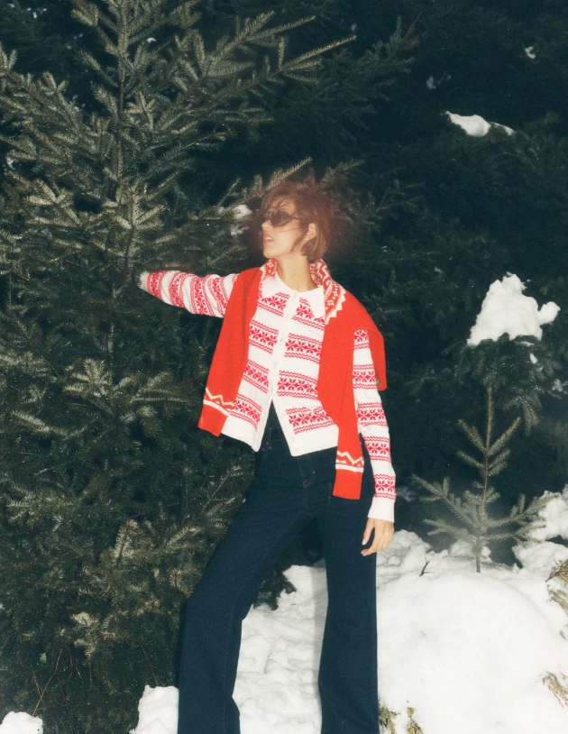 A model wears Boden's Edie Fair Isle Knitted Shirt