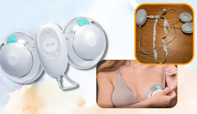 Elvie stride 2 hero image featuring stock image of pump, model using pump and pump parts in testing