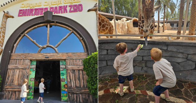 On the left, two children walk into Emirates Park Zoo entrance and on the right, they feed a giraffe