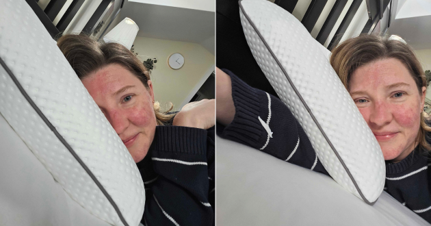 Mumsnet editor Rebecca testing the Emma Adapt Pillow