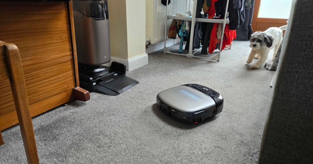 A dog chases the eufy Omni S2 in a family home