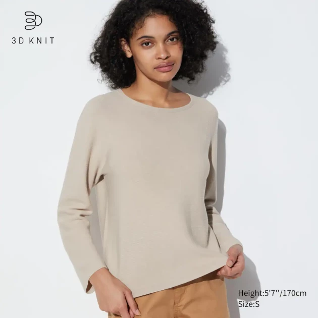 3D knit seamless cotton crew neck jumper