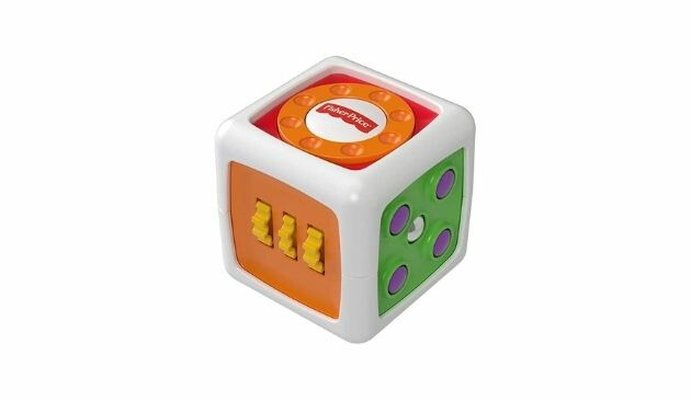 Fisher Price My First Fidget Cube with an orange dial on top and yellow clicking dials on the side