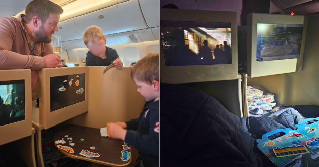 A family enjoying the space of Etihad airways business class seats