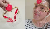 Side by side pictures of the Foreo FAQ 201 LED face mask on and off the tester's face