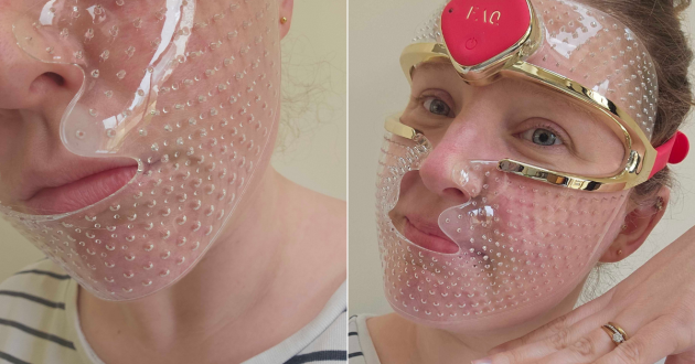 Side by side pictures of editor Rebecca Roberts wearing the Foreo FAQ 201 LED face mask