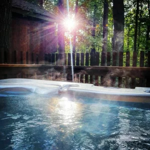 A hot tub at a log cabin at the Forest Holidays Sherwood Forest site