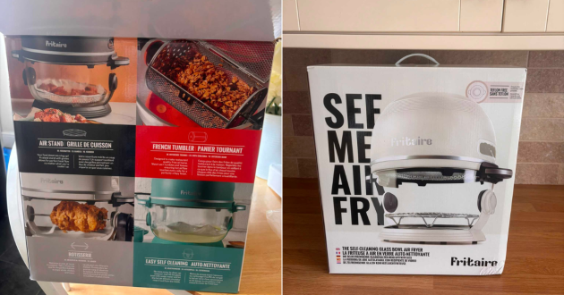 Front and back of the Fritaire box showing the white glass bowl air fryer and its air stand, tumbler, rotisserie and self-cleaning functions