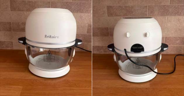 Front and rear views of the white Fritaire air fryer with its clear glass bowl, carry handles, vents and power cable
