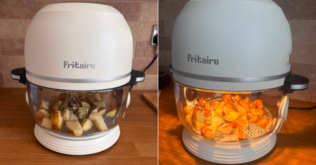 Side-by-side views of potato wedges before and during cooking inside the illuminated glass bowl of the Fritaire air fryer