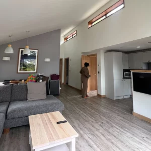 The interior of the White Willow Premium Valley View Cabin at Glentress Forest