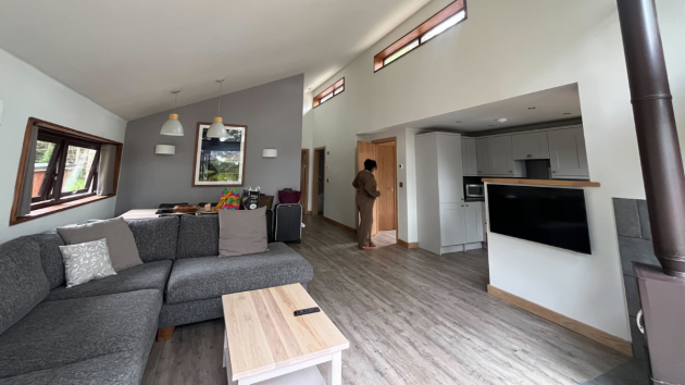 The interior of the White Willow Premium Valley View Cabin at Glentress Forest