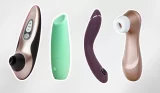 A picture collage of four vibrators, including the Womanizer Pro40, Smile Makers The Whisperer, Womanizer OG and Satisfyer Pro against a grey background