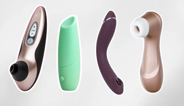 A picture collage of four vibrators, including the Womanizer Pro40, Smile Makers The Whisperer, Womanizer OG and Satisfyer Pro against a grey background