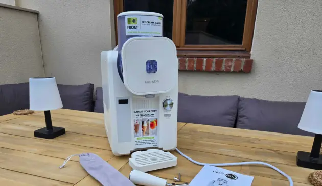 A view of the GreenPan Frost ice cream maker on a table outside