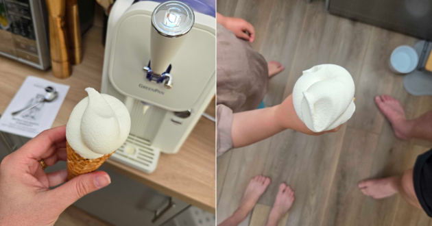 Hands show the ice cream made by the GreenPan ice cream maker