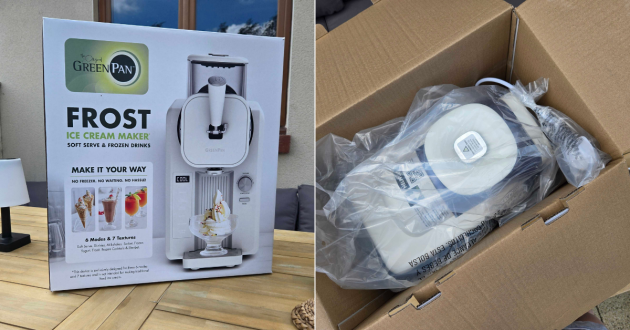 The GreenPan Frost ice cream maker in its box and during unboxing