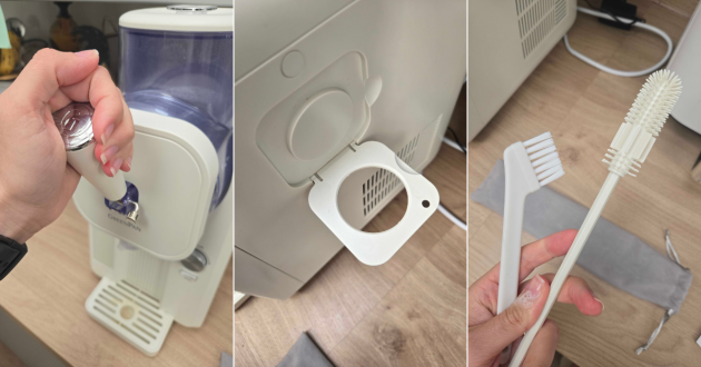 Details of the GreenPan Frost ice cream maker  - including handle, cone holder and cleaning brushes