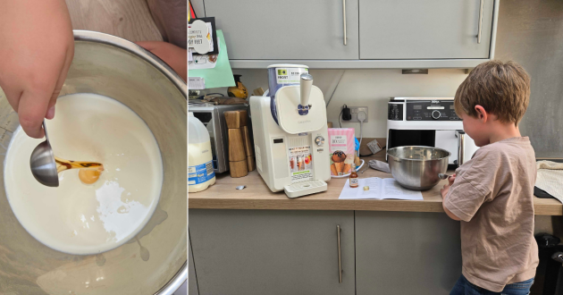 A child helps make ic cream with the GreenPan Frost ice cream maker