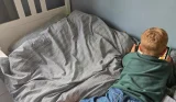 Habitat Stockholm Stripe Grey Bedding Set on a single bed during home testing
