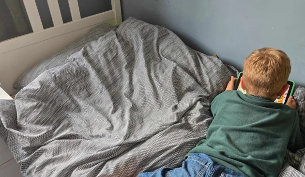 Habitat Stockholm Stripe Grey Bedding Set on a single bed during home testing