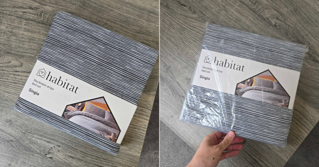 Habitat Stockholm Stripe Grey single bedding set in its packaging