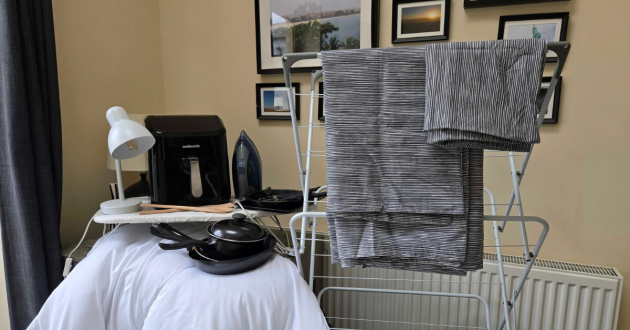 Habitat Stockholm Stripe Grey duvet cover and pillowcase drying on an indoor clothes airer