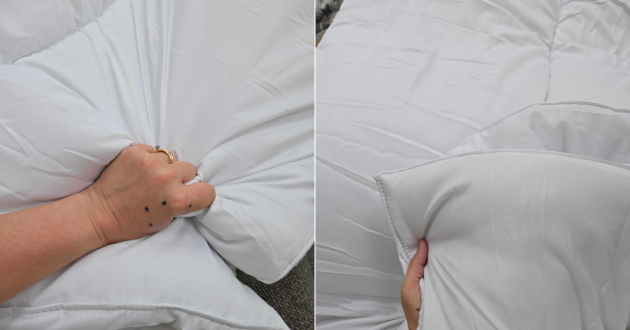 Close-up of the Habitat Supersoft duvet being squeezed to assess its softness and loft