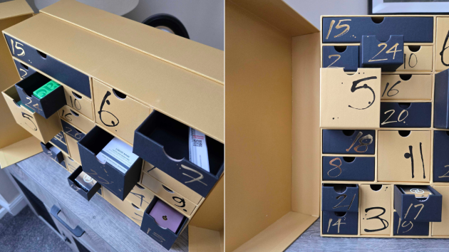 Two views of the calendar with several drawers pulled open. Left: drawers revealing a green item, a box labelled “Liquid Mask” and a purple pouch. Right: drawers 24, 5 and 17 slid out from the grid
