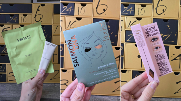Three photos of a hand holding products in front of the calendar. Left: a green Reome sheet mask sachet and a Reome balm tube. Middle: a box of Rodial Salmon DNA jelly eye patches. Right: a pink Charlotte Tilbury Pillow Talk Push Up Lashes mascara box