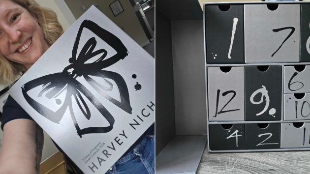 Left: a smiling woman with blonde hair holding the glossy black bow design on the grey calendar sleeve up to the camera. Right: close-up of the calendar’s drawers, numbered 1, 7, 12, 9, 6, 10, 4, 2 and 11, in dark and light grey