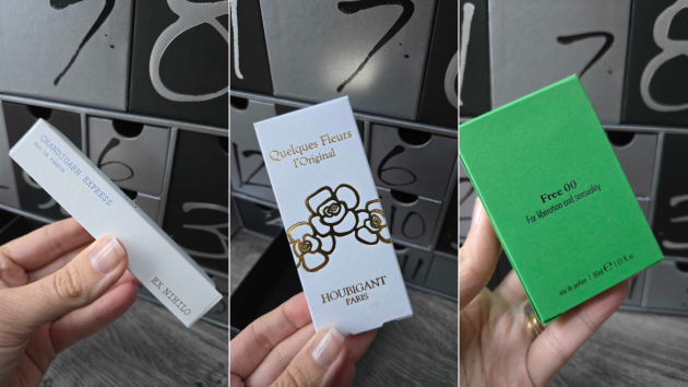 Three photos of a hand holding fragrance boxes in front of the calendar. Left: an Ex Nihilo Chandigarh Express eau de parfum box. Middle: a white Houbigant Paris Quelques Fleurs l’Original box with a gold rose design. Right: a bright green eau de parfum box labelled “Free 00 For liberation and sensuality”.