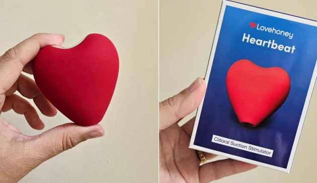A side by side view of a hand holding the Lovehoney Heartbeat clit sucker and its box