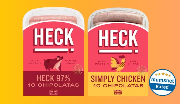Heck 97% Pork Chipolatas and Simply Chicken Chipolatas with Mumsnet Rated badge