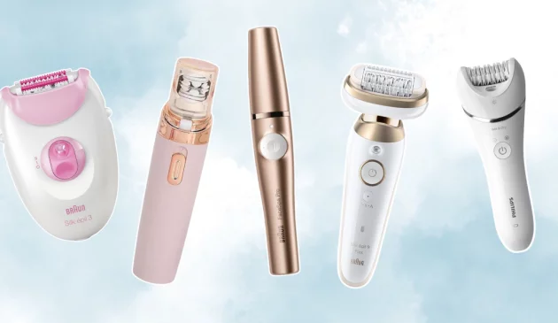 A collage of epilators by Braun, Philips and other brands against a blue background