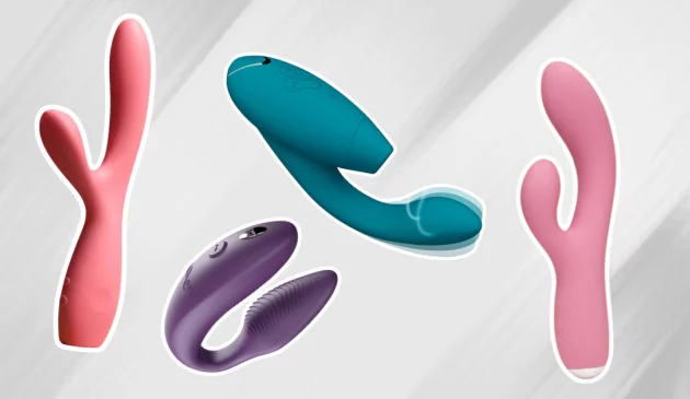 A picture collage of different dual stimulation vibrators from Lovehoney, Smile Makers, Womanizer and more